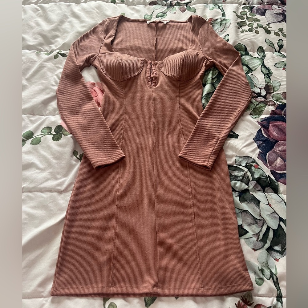 ASTR the‎ Label Mauve Pink Ribbed Knit Bustier Long Sleeve Mini Dress Small